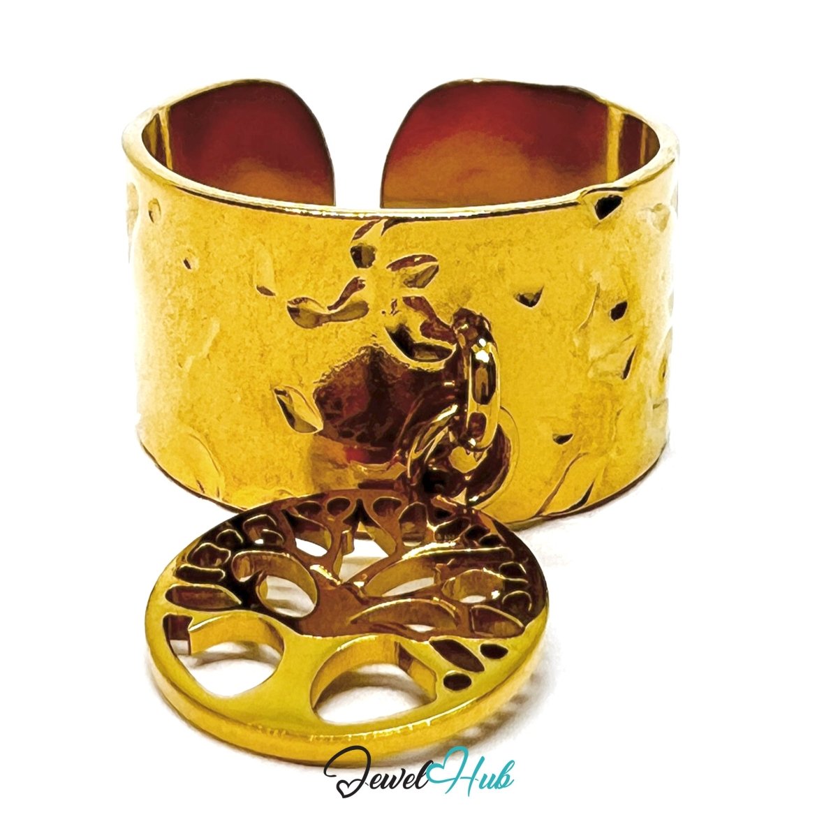 MiniCharm Ring – Gold - Toned 304 Stainless Steel with Tree of Life Charm - JewelHub.co.uk