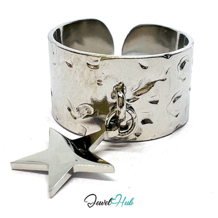 MiniCharm Ring – Silver - Toned 304 Stainless Steel with Big Star Charm - JewelHub.co.uk