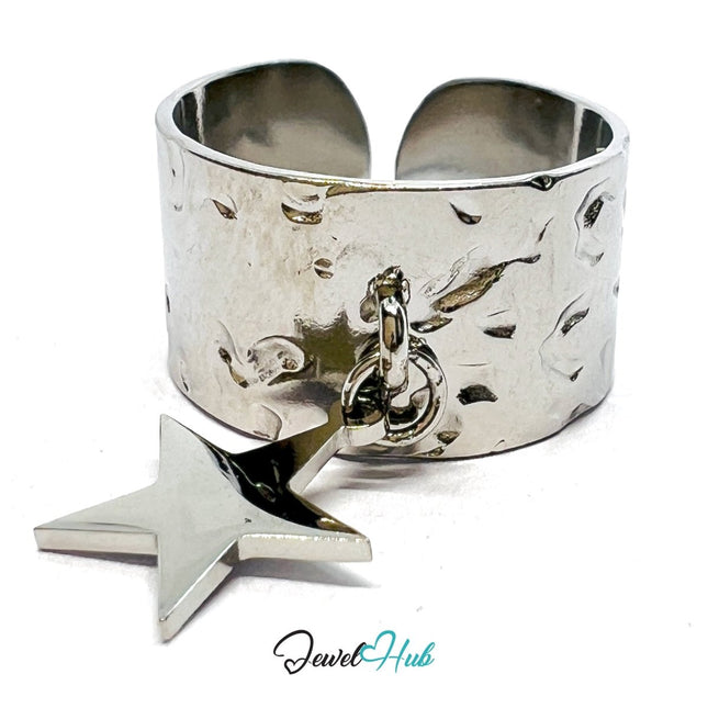 MiniCharm Ring – Silver - Toned 304 Stainless Steel with Big Star Charm - JewelHub.co.uk