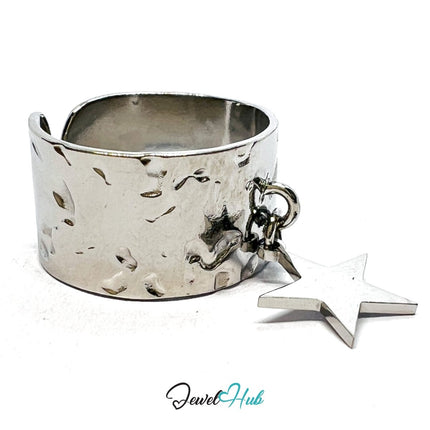 MiniCharm Ring – Silver - Toned 304 Stainless Steel with Big Star Charm - JewelHub.co.uk