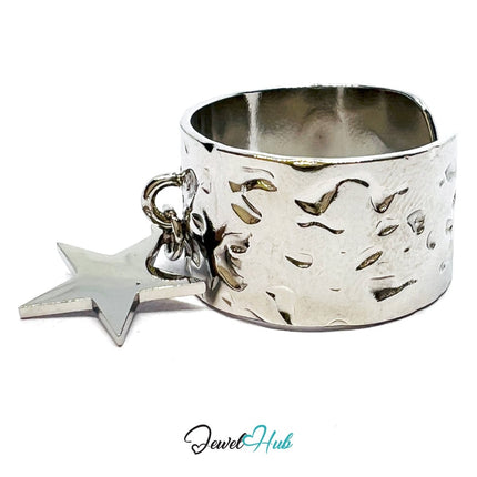 MiniCharm Ring – Silver - Toned 304 Stainless Steel with Big Star Charm - JewelHub.co.uk