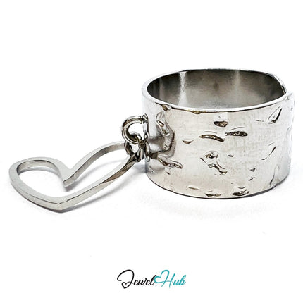 MiniCharm Ring – Silver - Toned 304 Stainless Steel with Sculptural Heart Charm - JewelHub.co.uk