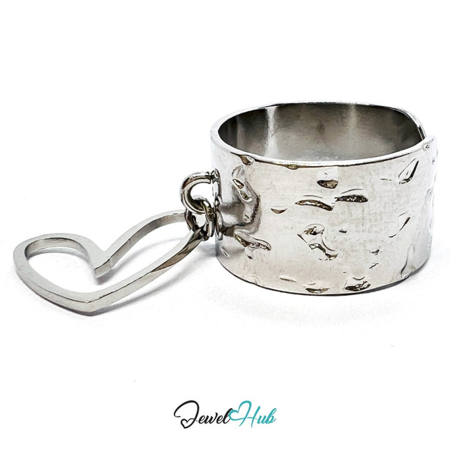 MiniCharm Ring – Silver - Toned 304 Stainless Steel with Sculptural Heart Charm - JewelHub.co.uk