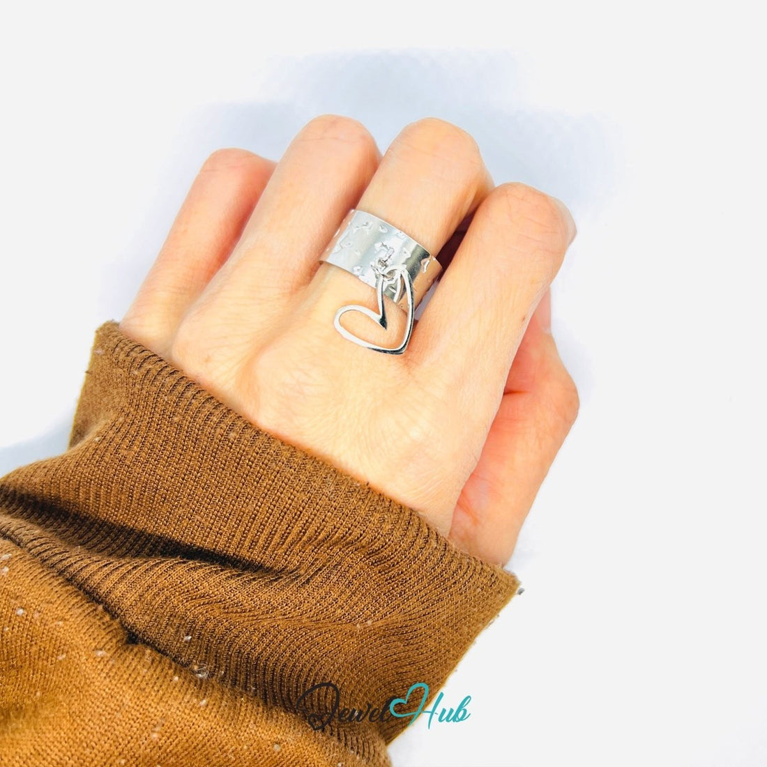 MiniCharm Ring – Silver - Toned 304 Stainless Steel with Sculptural Heart Charm - JewelHub.co.uk
