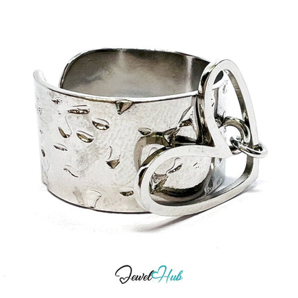 MiniCharm Ring – Silver - Toned 304 Stainless Steel with Sculptural Heart Charm - JewelHub.co.uk