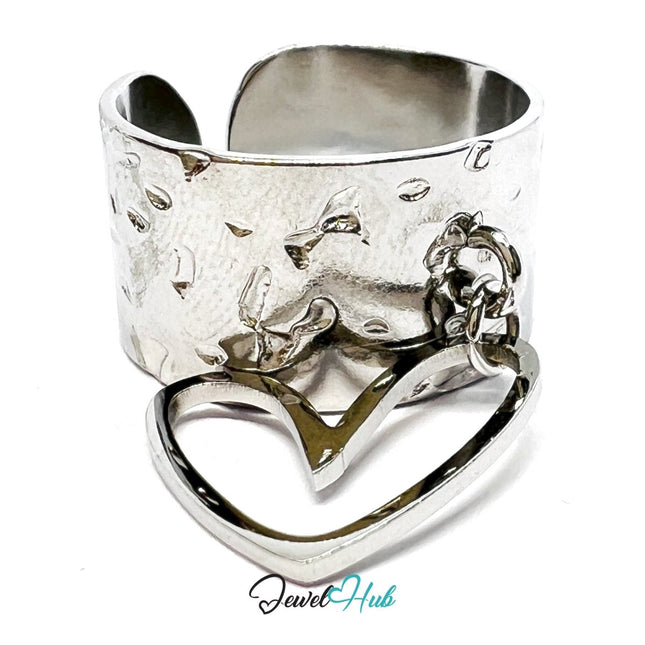 MiniCharm Ring – Silver - Toned 304 Stainless Steel with Sculptural Heart Charm - JewelHub.co.uk
