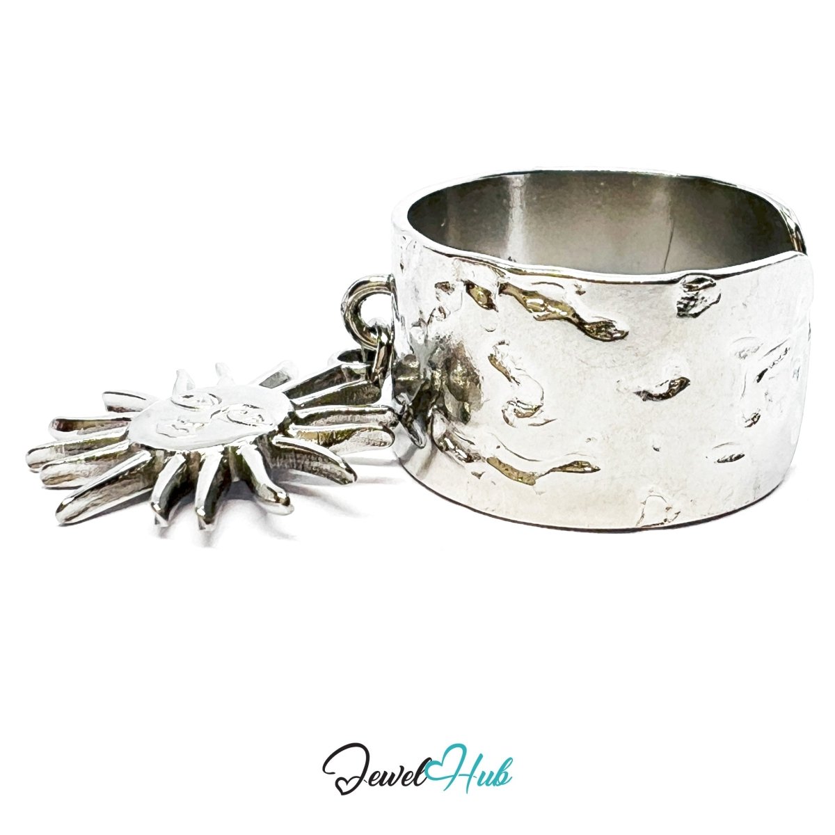 MiniCharm Ring – Silver - Toned 304 Stainless Steel with Sculptural Sun Charm - JewelHub.co.uk