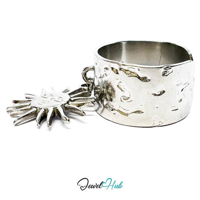 MiniCharm Ring – Silver - Toned 304 Stainless Steel with Sculptural Sun Charm - JewelHub.co.uk
