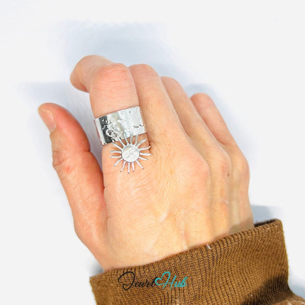 MiniCharm Ring – Silver - Toned 304 Stainless Steel with Sculptural Sun Charm - JewelHub.co.uk