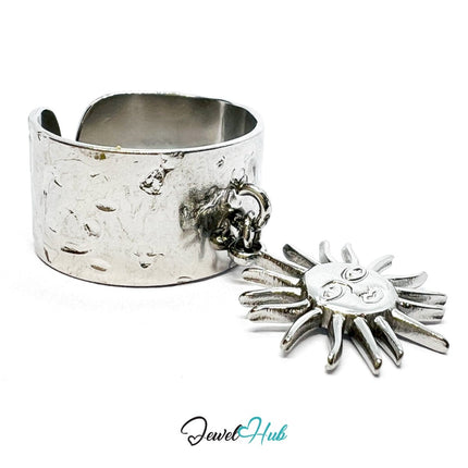 MiniCharm Ring – Silver - Toned 304 Stainless Steel with Sculptural Sun Charm - JewelHub.co.uk