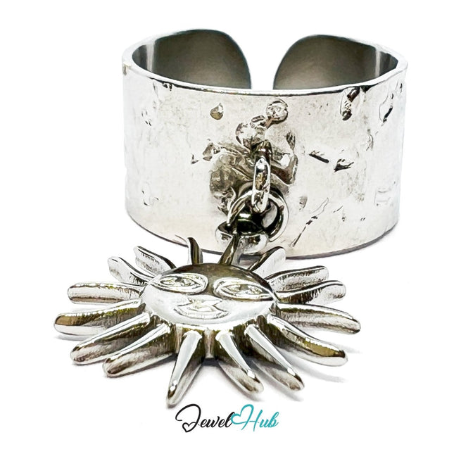 MiniCharm Ring – Silver - Toned 304 Stainless Steel with Sculptural Sun Charm - JewelHub.co.uk