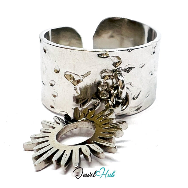 MiniCharm Ring – Silver - Toned 304 Stainless Steel with Super Sun Charm - JewelHub.co.uk