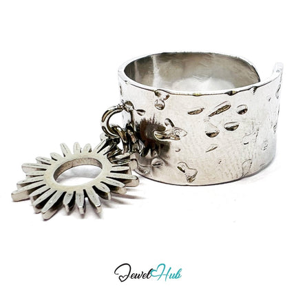 MiniCharm Ring – Silver - Toned 304 Stainless Steel with Super Sun Charm - JewelHub.co.uk