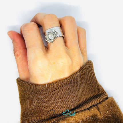 MiniCharm Ring – Silver - Toned 304 Stainless Steel with Super Sun Charm - JewelHub.co.uk