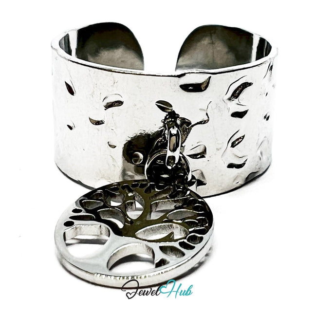 MiniCharm Ring – Silver - Toned 304 Stainless Steel with Tree of Life Charm - JewelHub.co.uk