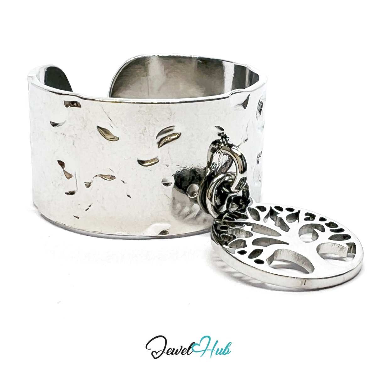 MiniCharm Ring – Silver - Toned 304 Stainless Steel with Tree of Life Charm - JewelHub.co.uk