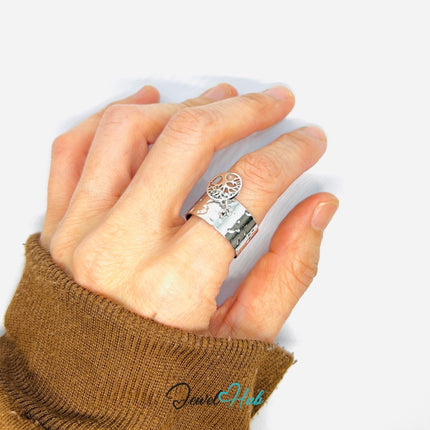 MiniCharm Ring – Silver - Toned 304 Stainless Steel with Tree of Life Charm - JewelHub.co.uk