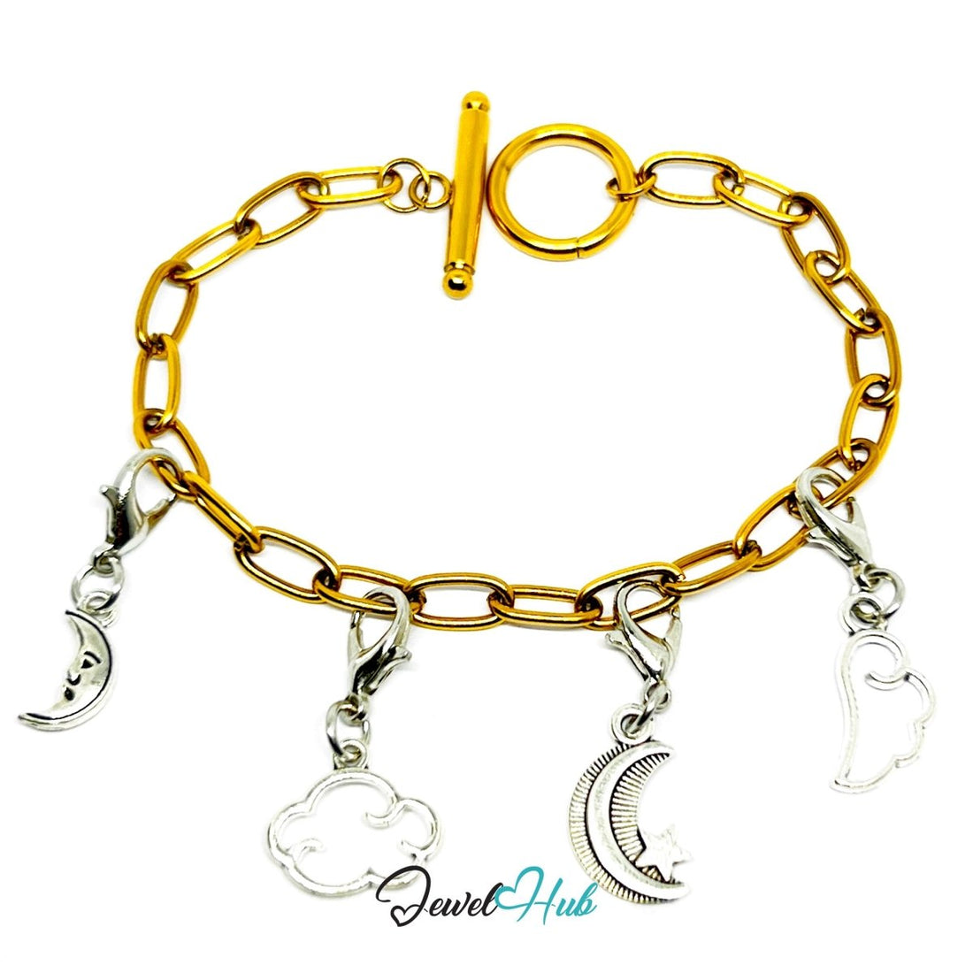 Black beaded bracelet with silver charms on a white background