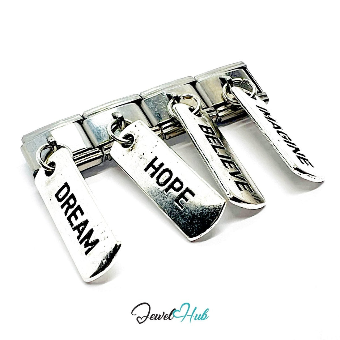 MiniCharm™ Word Series – HOPE, IMAGINE, BELIEVE & DREAM Tag Charm Set - JewelHub.co.uk