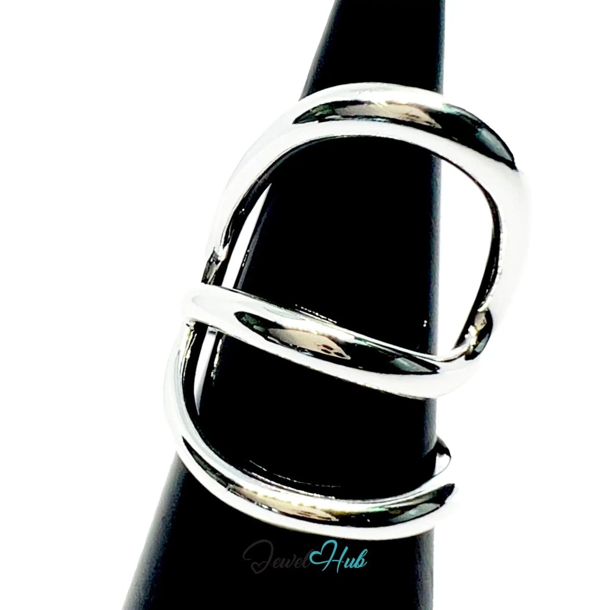 Modern Silver Ring | Hallmarked 925 Sculptural Open - Loop Band | Asymmetrical Design in Sizes N–P - JewelHub.co.uk