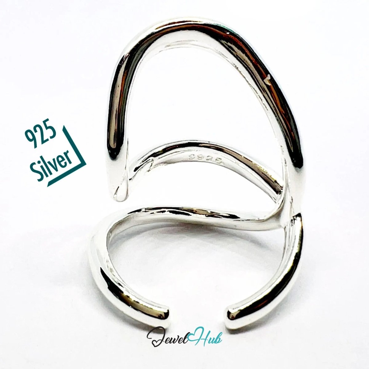 Modern Silver Ring | Hallmarked 925 Sculptural Open - Loop Band | Asymmetrical Design in Sizes N–P - JewelHub.co.uk