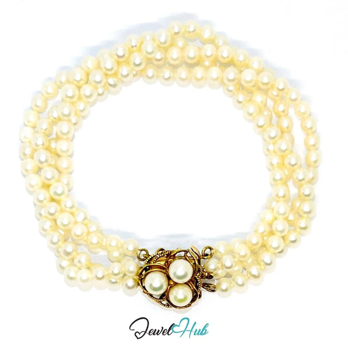 Multi - Strand Natural Pearl Bracelet | 14k Gold Clasp with Flory Design | Fine Jewellery | 17cm - JewelHub.co.uk