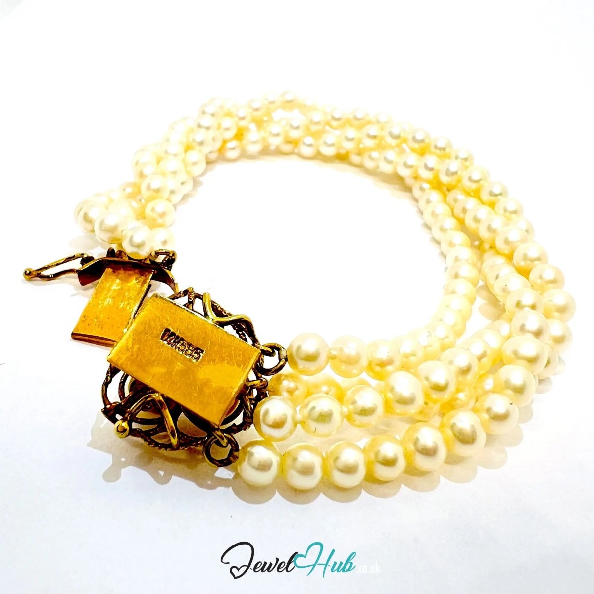 Multi - Strand Natural Pearl Bracelet | 14k Gold Clasp with Flory Design | Fine Jewellery | 17cm - JewelHub.co.uk