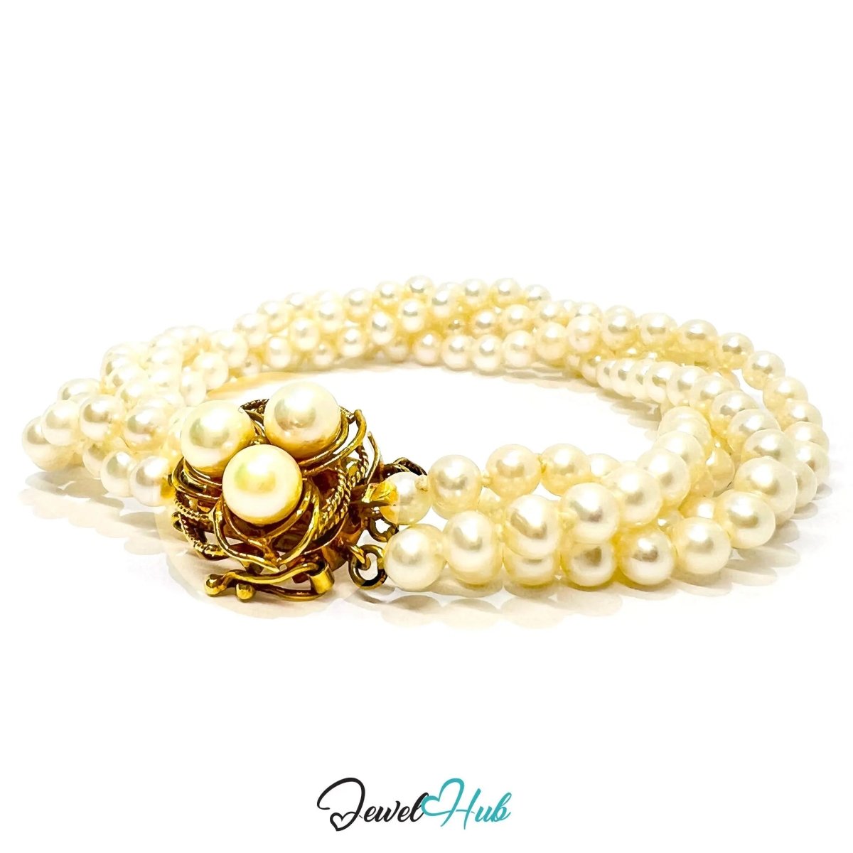 Multi - Strand Natural Pearl Bracelet | 14k Gold Clasp with Flory Design | Fine Jewellery | 17cm - JewelHub.co.uk