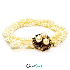 Multi - Strand Natural Pearl Bracelet | 14k Gold Clasp with Flory Design | Fine Jewellery | 17cm - JewelHub.co.uk