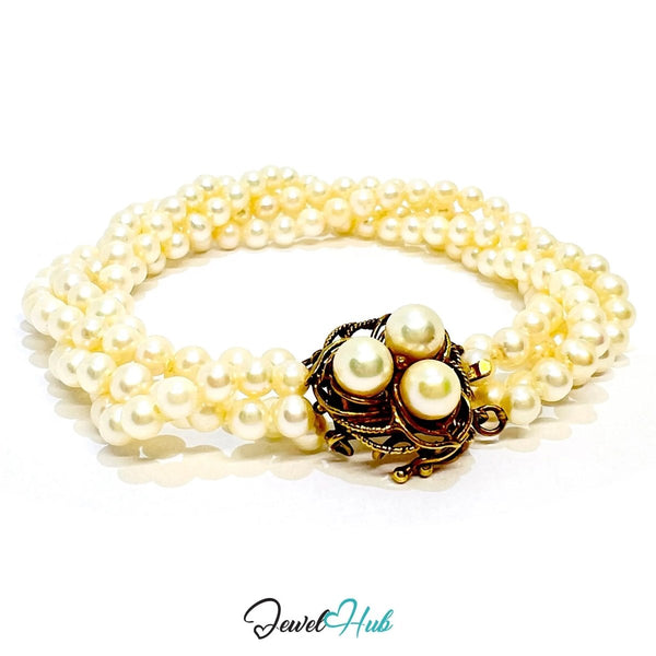Multi - Strand Natural Pearl Bracelet | 14k Gold Clasp with Flory Design | Fine Jewellery | 17cm - JewelHub.co.uk
