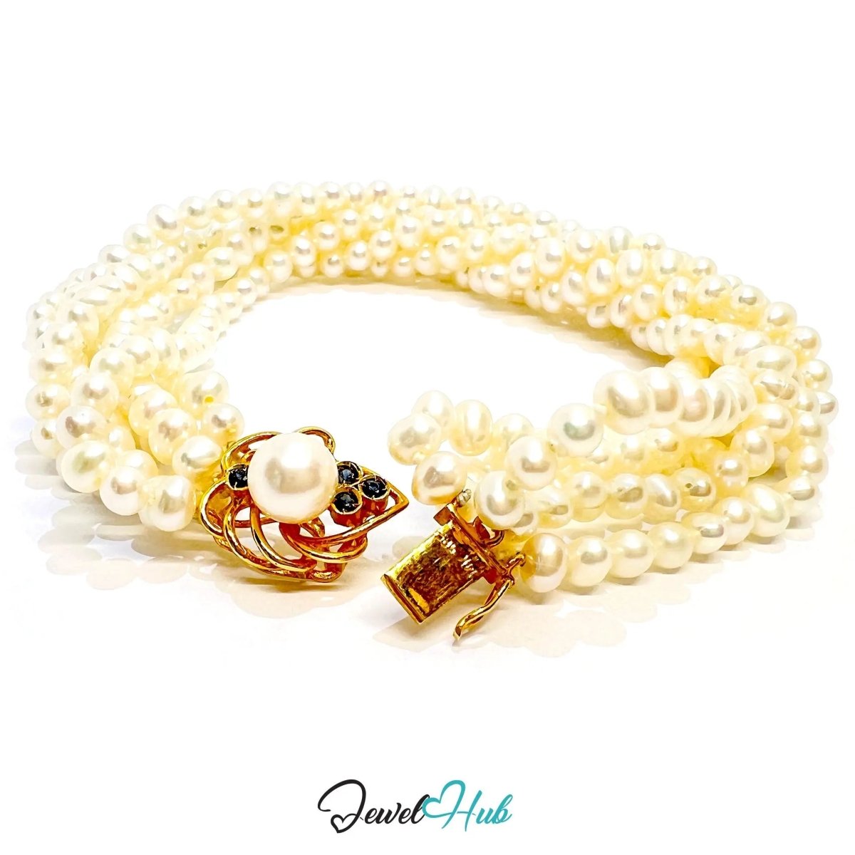 Multi - Strand Natural Pearl Bracelet | 14k Gold Sapphire Clasp | Fine Jewellery | 6.8mm Center Pearl | 6 Lines - JewelHub.co.uk