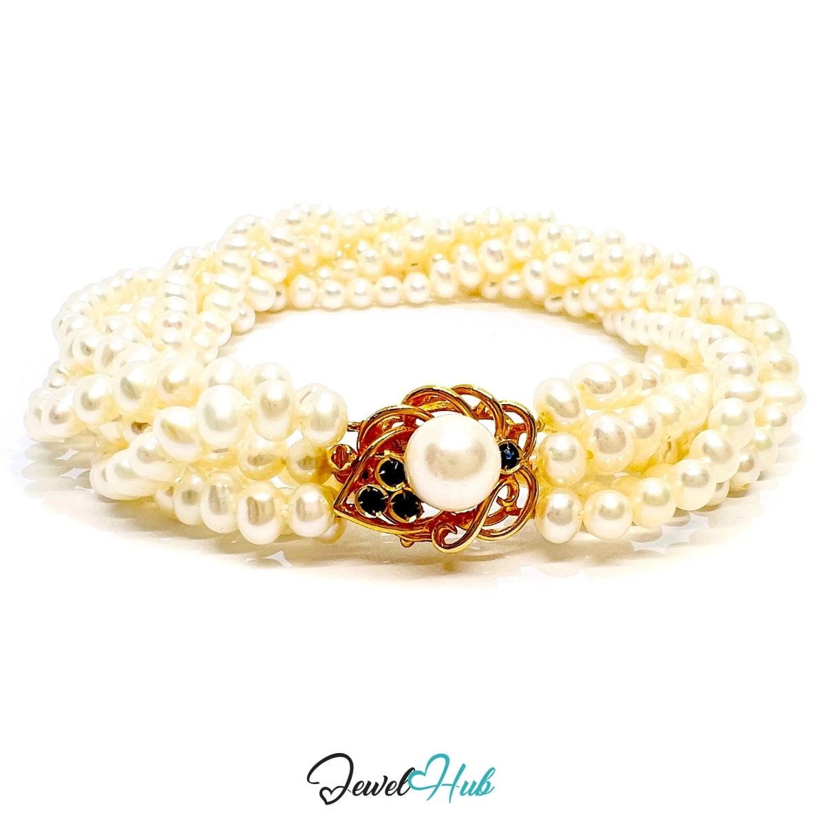 Multi - Strand Natural Pearl Bracelet | 14k Gold Sapphire Clasp | Fine Jewellery | 6.8mm Center Pearl | 6 Lines - JewelHub.co.uk