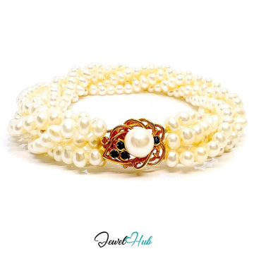 Multi - Strand Natural Pearl Bracelet | 14k Gold Sapphire Clasp | Fine Jewellery | 6.8mm Center Pearl | 6 Lines - JewelHub.co.uk