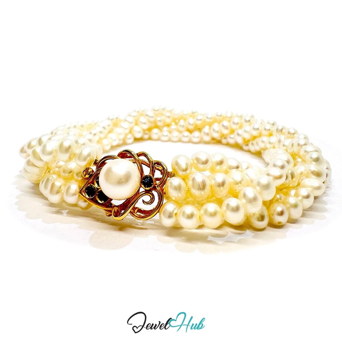 Multi - Strand Natural Pearl Bracelet | 14k Gold Sapphire Clasp | Fine Jewellery | 6.8mm Center Pearl | 6 Lines - JewelHub.co.uk