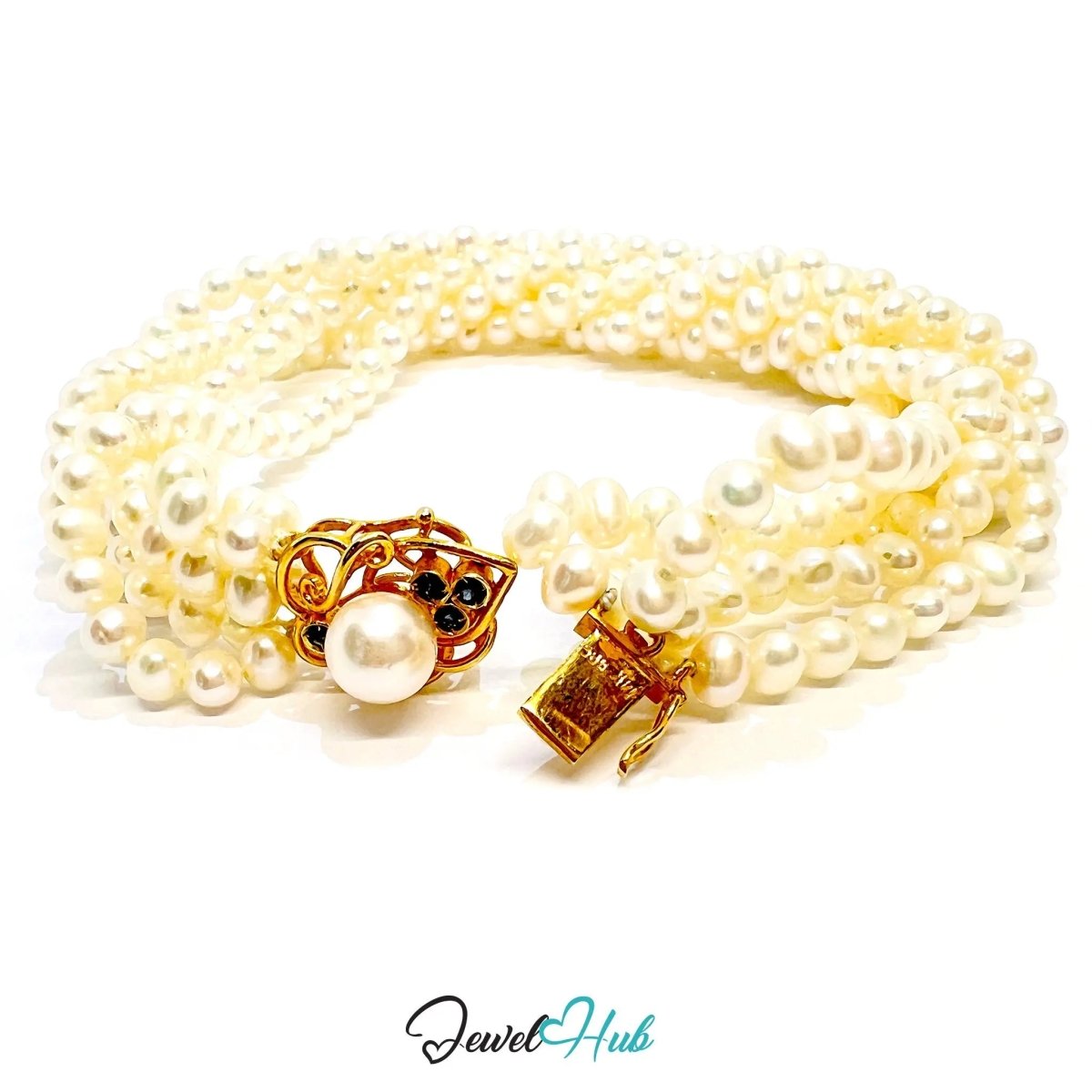 Multi - Strand Natural Pearl Bracelet | 14k Gold Sapphire Clasp | Fine Jewellery | 6.8mm Center Pearl | 6 Lines - JewelHub.co.uk