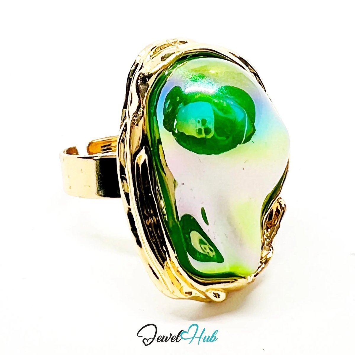 Multicolour Pearl Ring – Adjustable Gold - Plated M–P with Sculptural Setting for Radiant Presence - JewelHub.co.uk