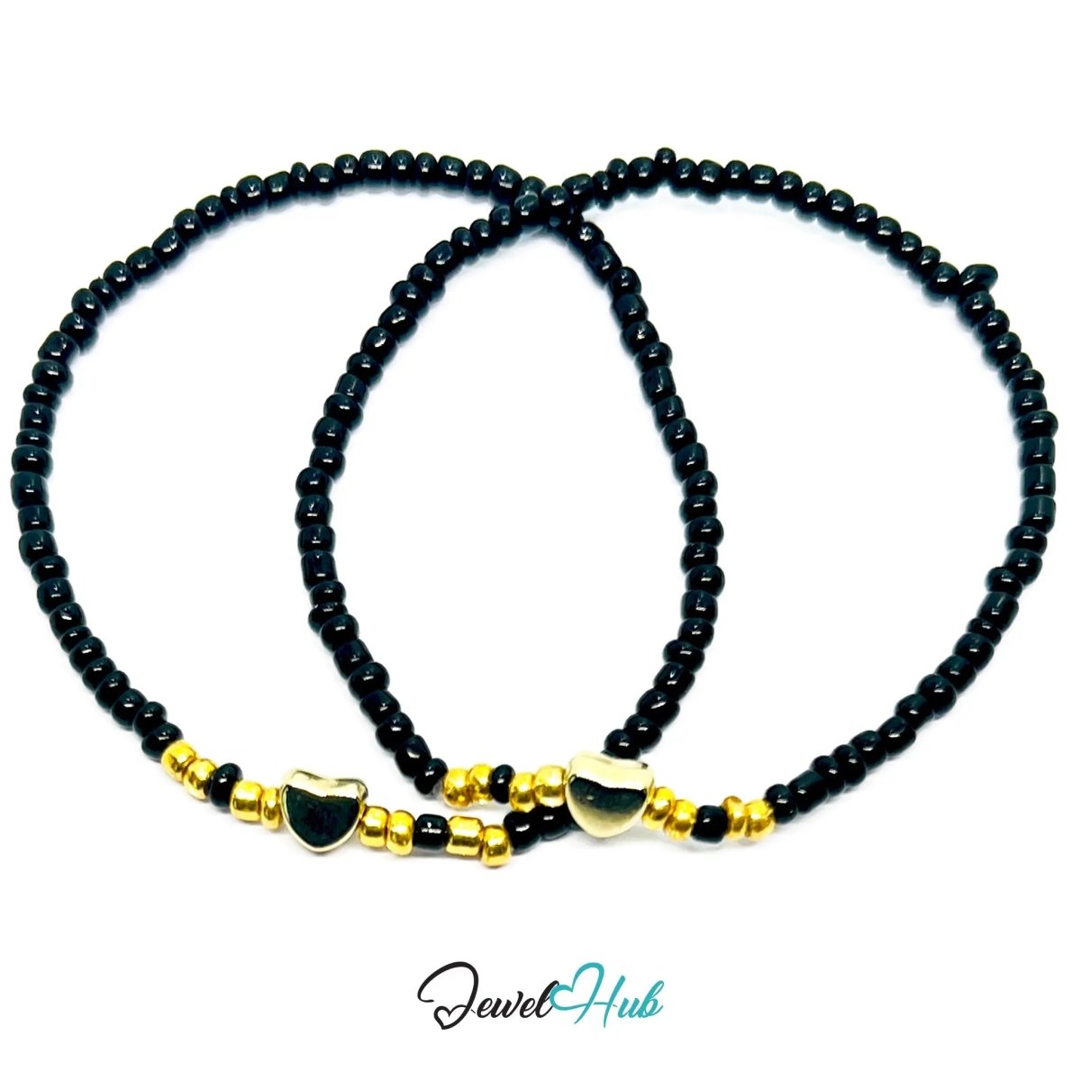 NameBead™ Base Bracelet Set (x2) – Black Beaded Stack with Gold Heart - JewelHub.co.uk