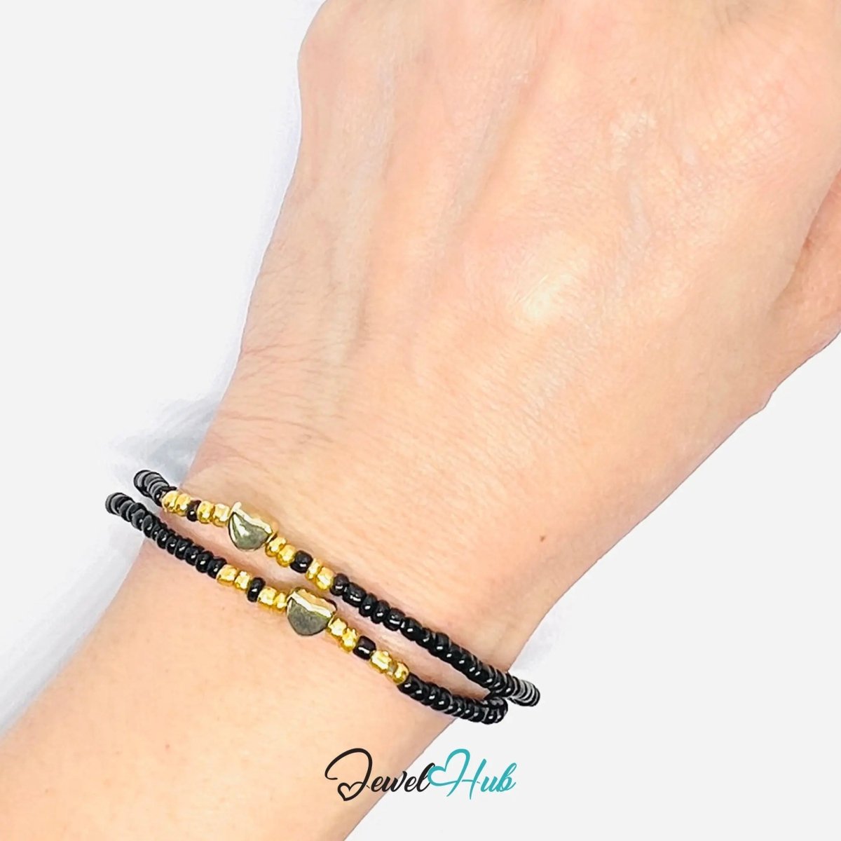 NameBead™ Base Bracelet Set (x2) – Black Beaded Stack with Gold Heart - JewelHub.co.uk