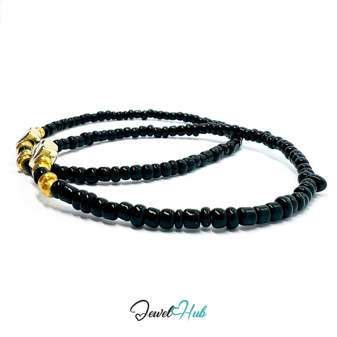 NameBead™ Base Bracelet Set (x2) – Black Beaded Stack with Gold Heart - JewelHub.co.uk
