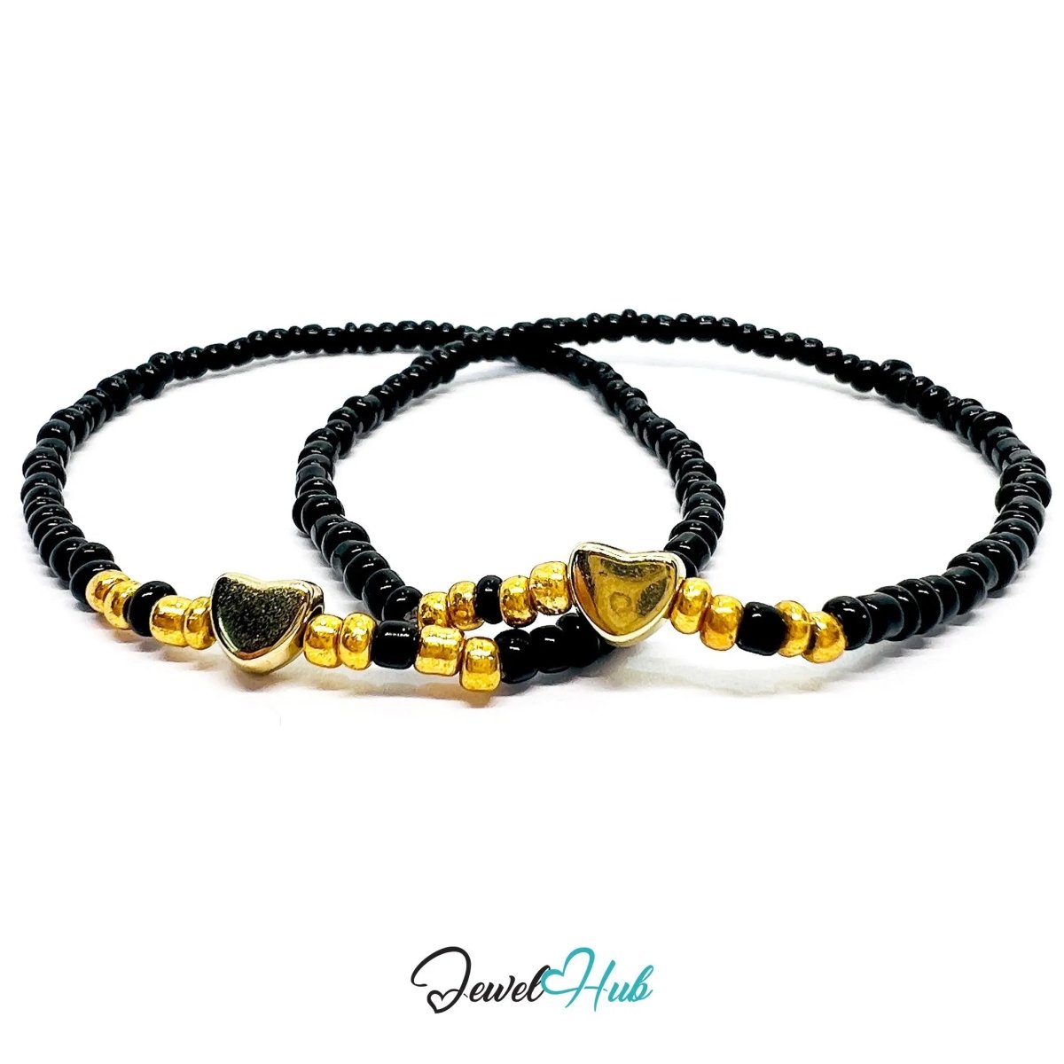 NameBead™ Base Bracelet Set (x2) – Black Beaded Stack with Gold Heart - JewelHub.co.uk