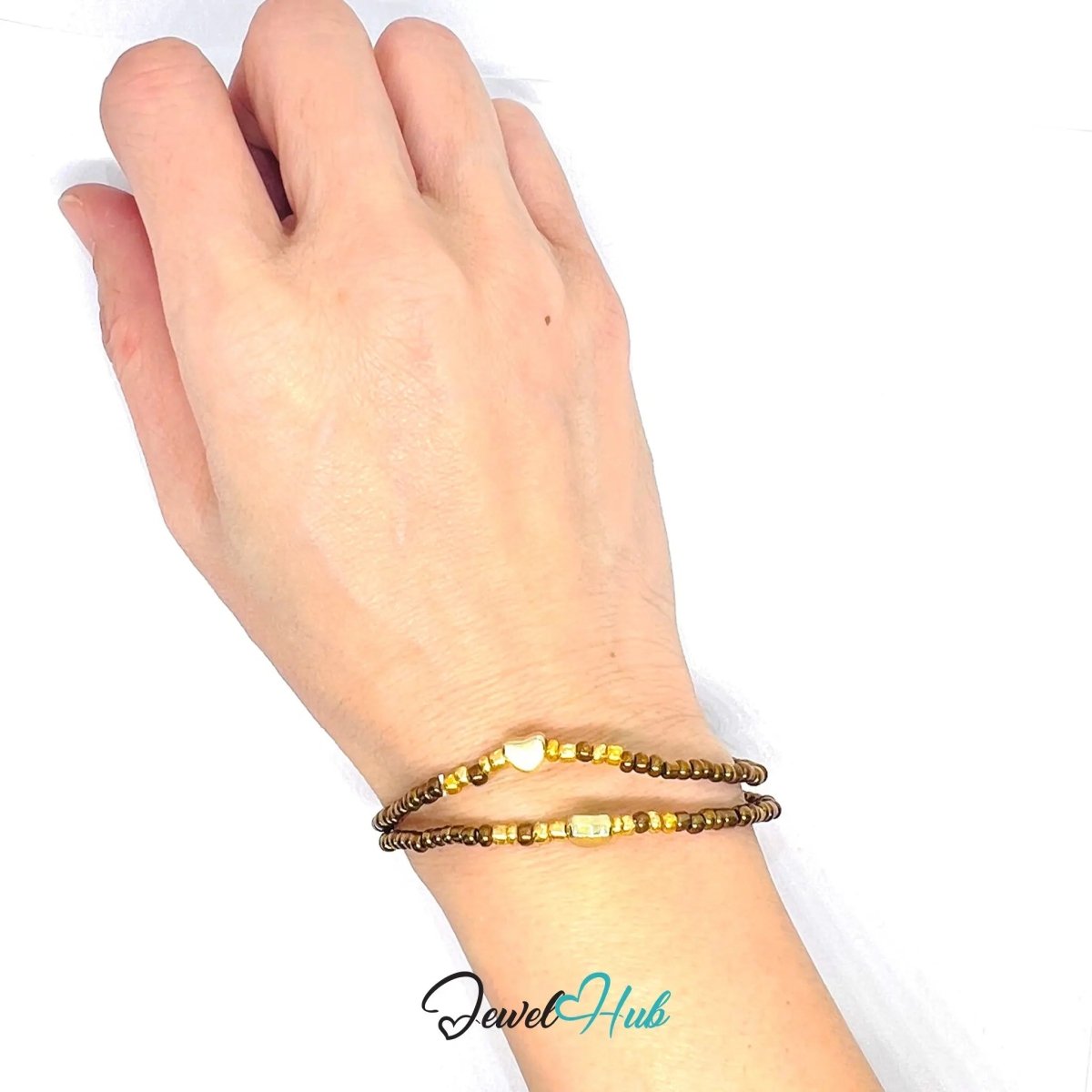 NameBead™ Base Bracelet Set (x2) – Brown Beaded Stack with Gold Heart - JewelHub.co.uk