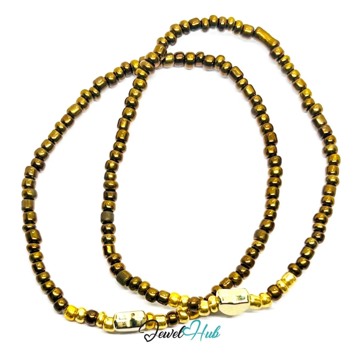 NameBead™ Base Bracelet Set (x2) – Brown Beaded Stack with Gold Heart - JewelHub.co.uk