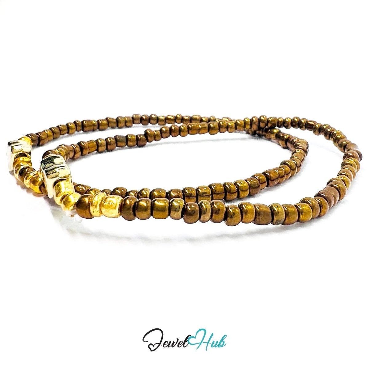 NameBead™ Base Bracelet Set (x2) – Brown Beaded Stack with Gold Heart - JewelHub.co.uk