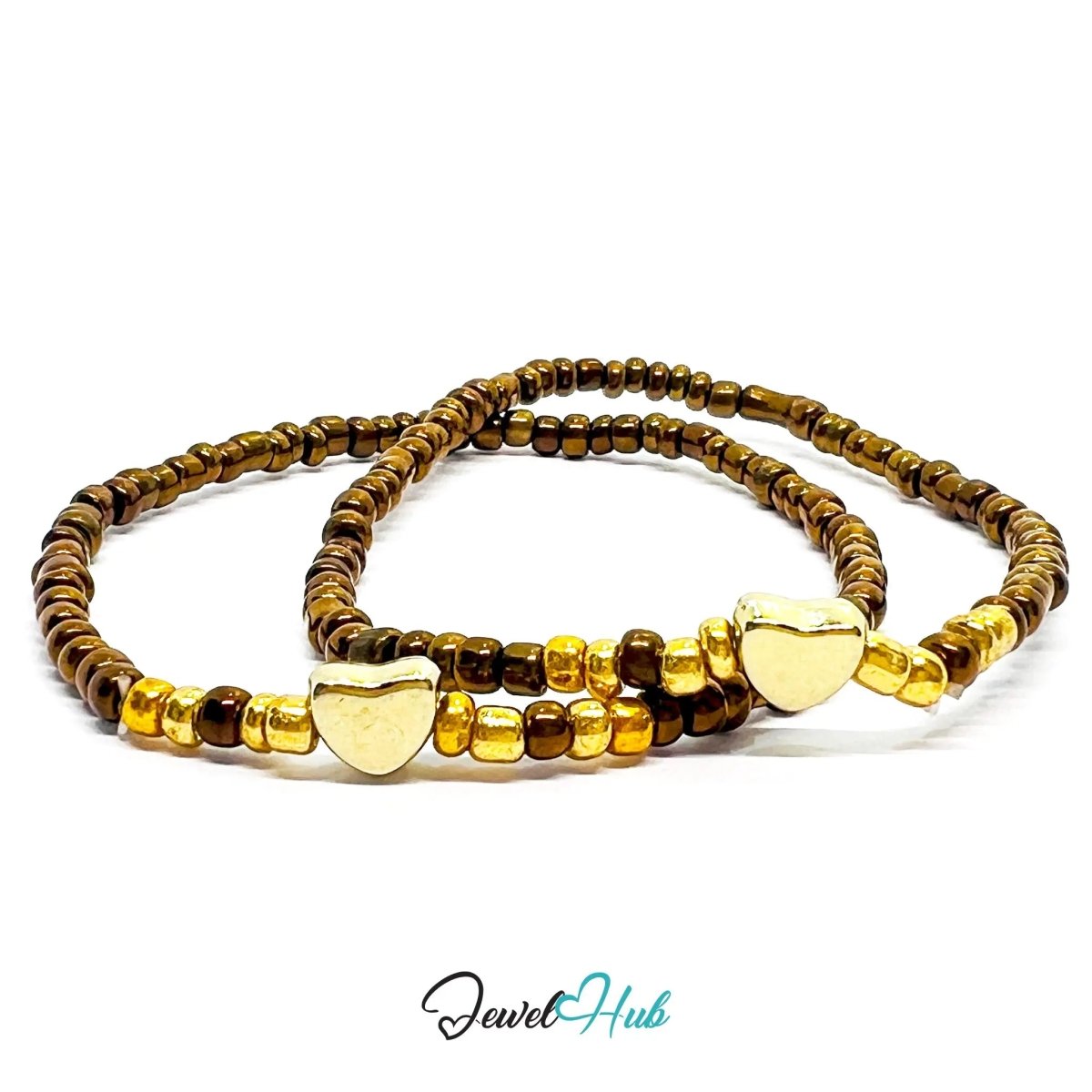 NameBead™ Base Bracelet Set (x2) – Brown Beaded Stack with Gold Heart - JewelHub.co.uk