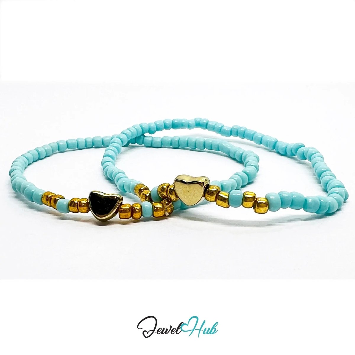 NameBead™ Base Bracelet Set (x2) – Cyan Beaded Stack with Gold Heart - JewelHub.co.uk