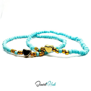 NameBead™ Base Bracelet Set (x2) – Cyan Beaded Stack with Gold Heart - JewelHub.co.uk
