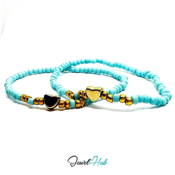 NameBead™ Base Bracelet Set (x2) – Cyan Beaded Stack with Gold Heart - JewelHub.co.uk