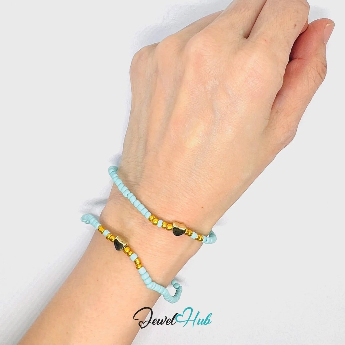 NameBead™ Base Bracelet Set (x2) – Cyan Beaded Stack with Gold Heart - JewelHub.co.uk