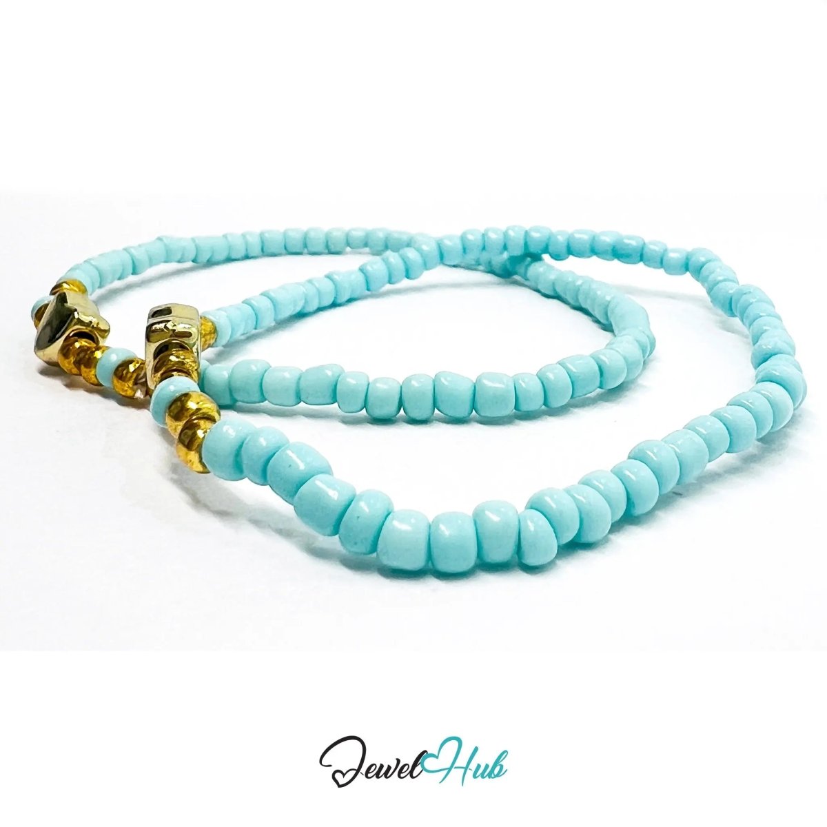 NameBead™ Base Bracelet Set (x2) – Cyan Beaded Stack with Gold Heart - JewelHub.co.uk