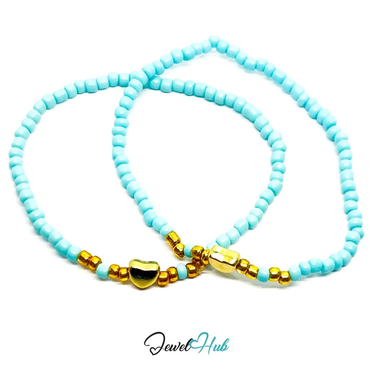 NameBead™ Base Bracelet Set (x2) – Cyan Beaded Stack with Gold Heart - JewelHub.co.uk
